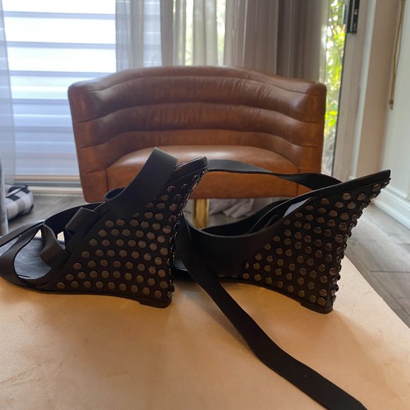 Black Manolo Blahnik Wedge Sandals - Picture 6 of 8